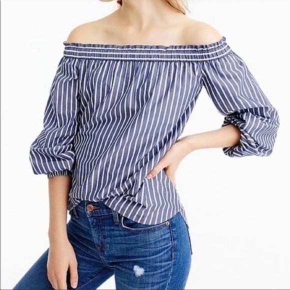 J. Crew Blue and White Off-shoulder Blouse Size 2 - Picture 1 of 12